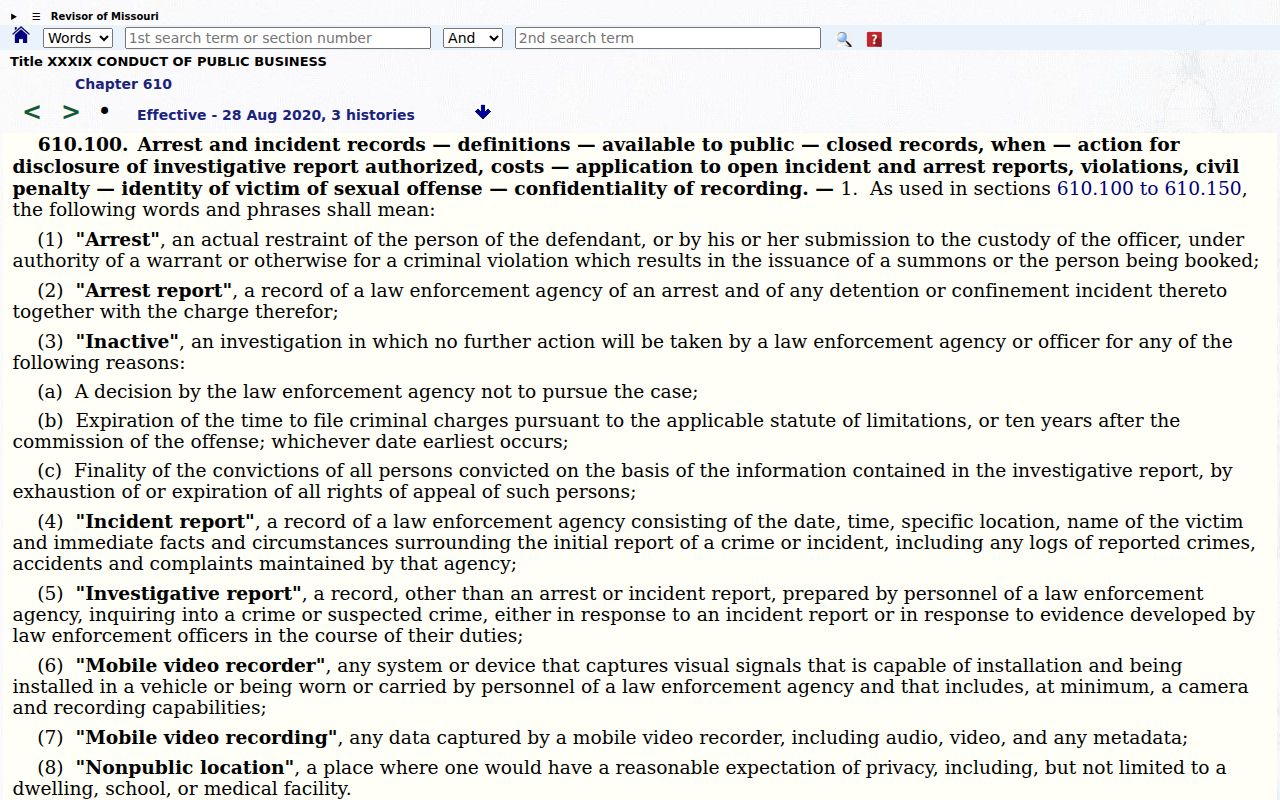 Missouri law governing Butler County arrest and incident records
