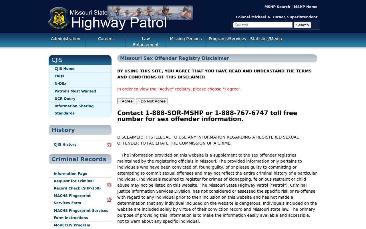 Missouri State Highway Patrol sex offender registry information page